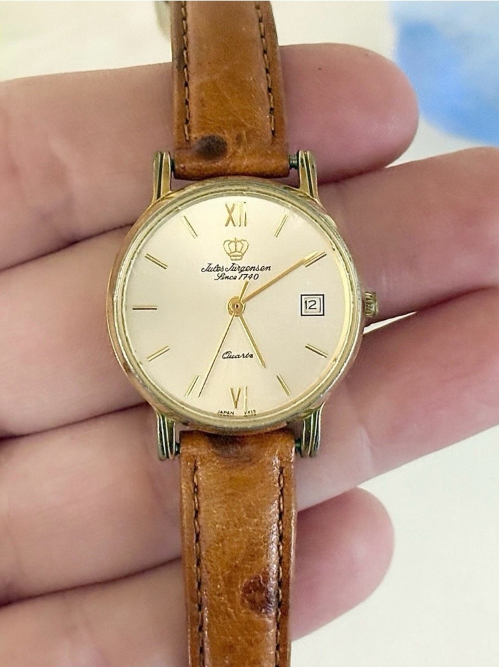 Rare Vintage Jules Jurgensen Gold Day/Date Ostrich Leather Luxury Designer Watch